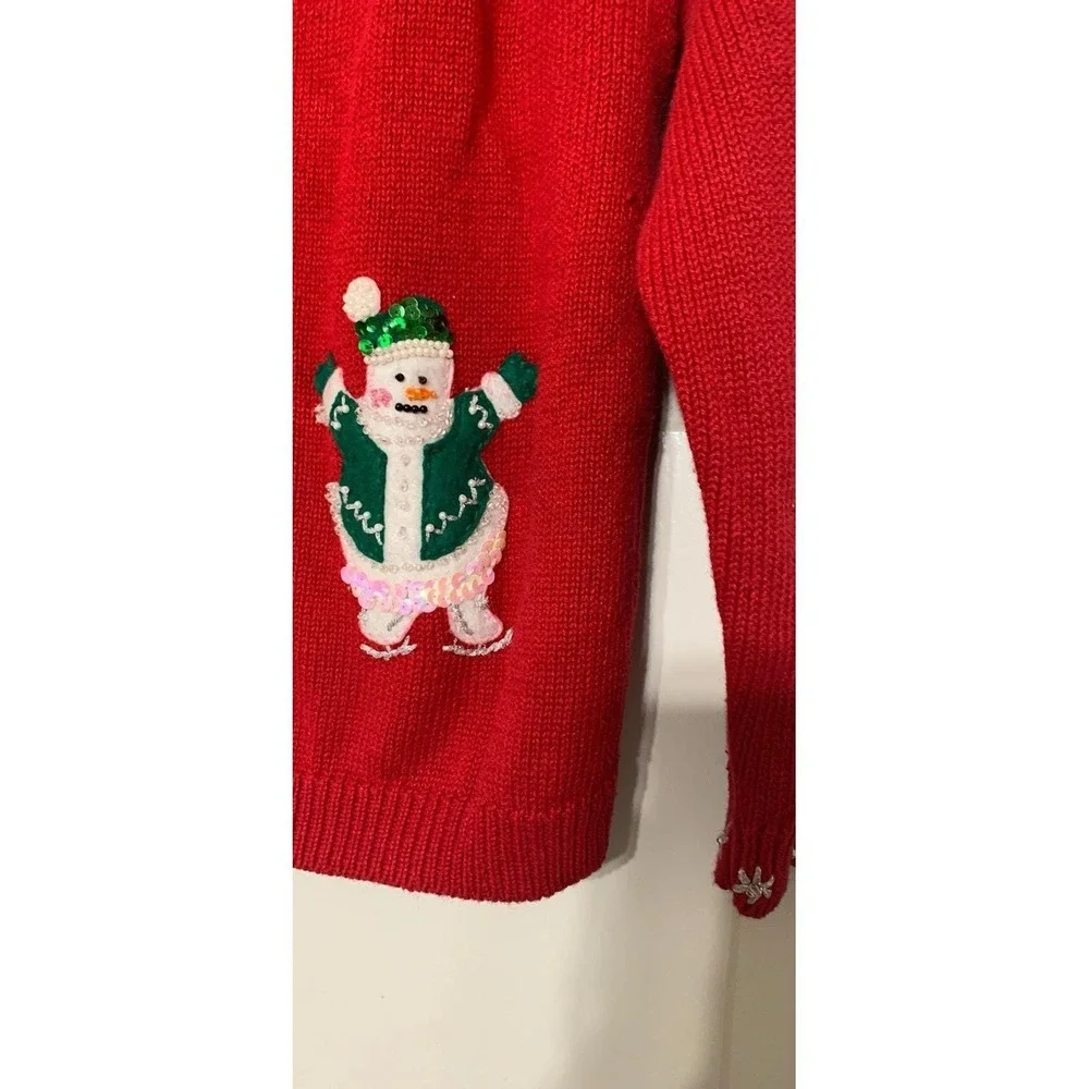 Vintage Tiara International Red Christmas Snowman Zip Up‎ Cardigan Sweater Sz L